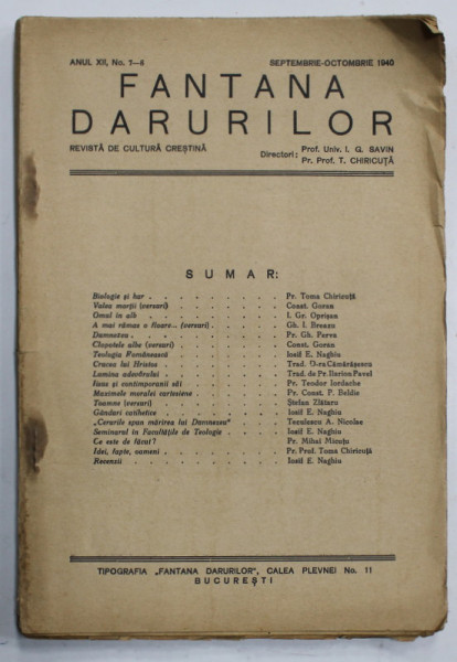 FANTANA DARURILOR , REVISTA DE CULTURA CRESTINA , no. 7-8  , 1940