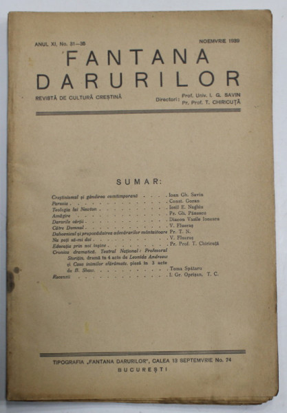 FANTANA DARURILOR , REVISTA DE CULTURA CRESTINA , no.31-35 , 1939
