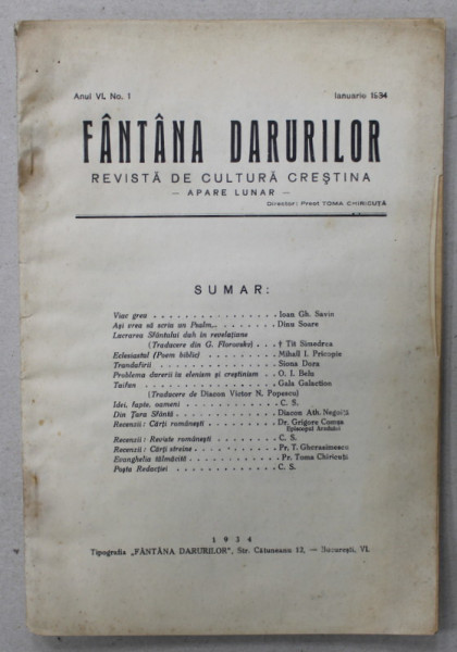 FANTANA DARURILOR , REVISTA DE CULTURA CRESTINA , Nr. 1 , 1934