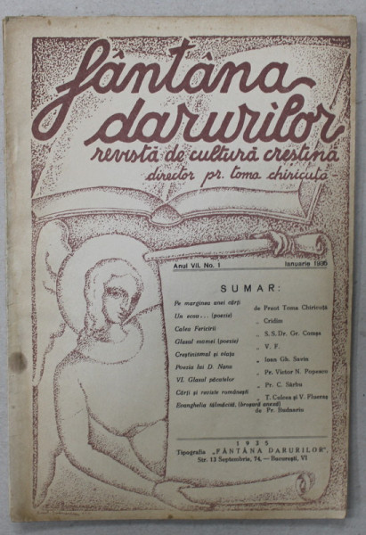 FANTANA DARURILOR , REVISTA DE CULTURA CRESTINA , Nr. 1 , 1935