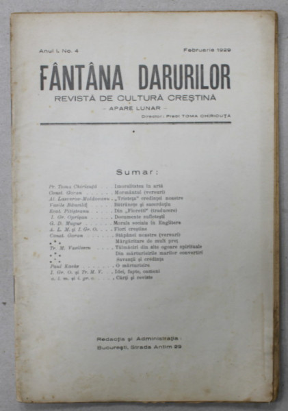 FANTANA DARURILOR , REVISTA DE CULTURA CRESTINA , Nr. 4 , 1929