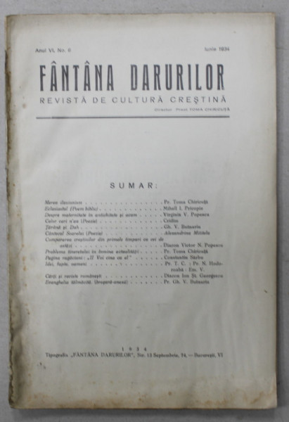 FANTANA DARURILOR , REVISTA DE CULTURA CRESTINA , Nr. 6 , 1934