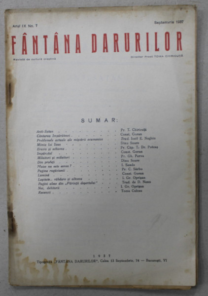 FANTANA DARURILOR , REVISTA DE CULTURA CRESTINA , Nr. 7 , 1937