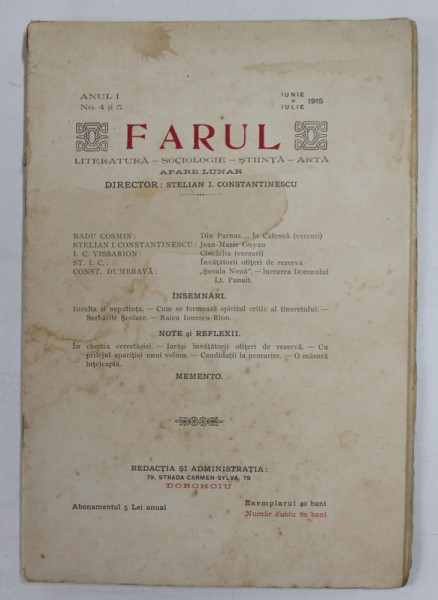 FARUL , REVISTA DE LITERATURA - SOCIOLOGIE - STIINTA - ARTA , ANUL 1 , NR. 4-5  , IUNIE - IULIE  , 1915
