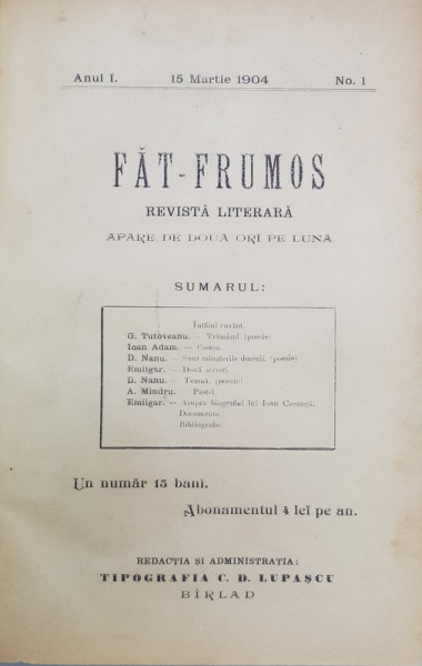 FAT - FRUMOS , REVISTA LITERARA , APARUTA LA BARLAD ,  ANII I- II , COLEGAT DE 35 DE NUMERE , APARUTE INTRE 15 MARTIE 1904 - 1 FEBRUARIE 1906
