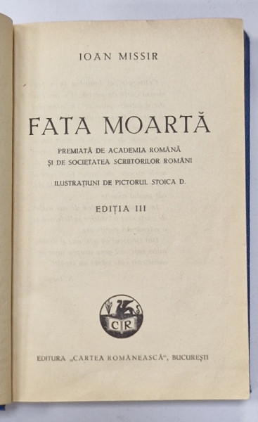 FATA MOARTA de IOAN MISSIR , ilustratiuni de PICTORULSTOICA D , 1930