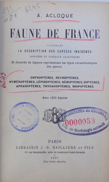 FAUNE DE FRANCE  - CONTENANT LA DESCRIPTION DES ESPECES INDIGENES , AVEC 1235 FIGURES , par A. ACLOQUE , 1897