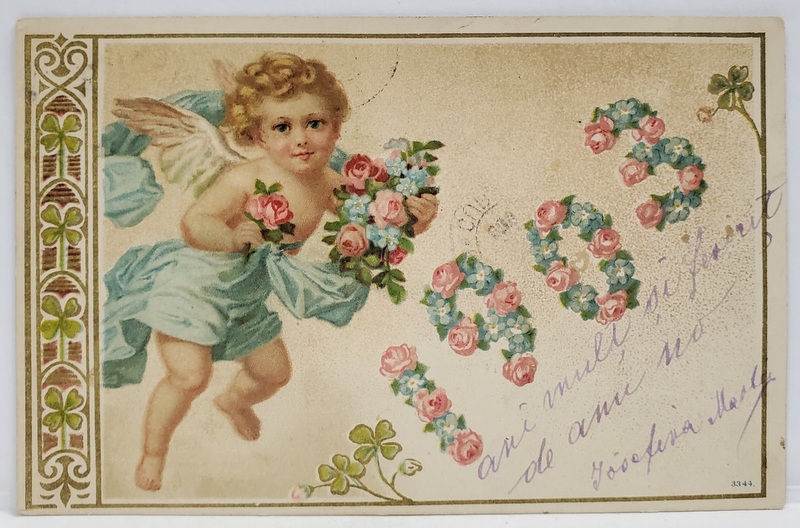 FELICITARE CU AMORAS SI FLORI , CROMOLITOGRAFIE , CARTE POSTALA , 1903