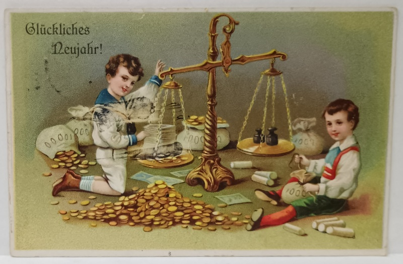 FELICITARE DE ANUL NOU , GERMANA , CROMOLTIOGRAFIE EMBOSATA , CARTE POSTALA , 1913