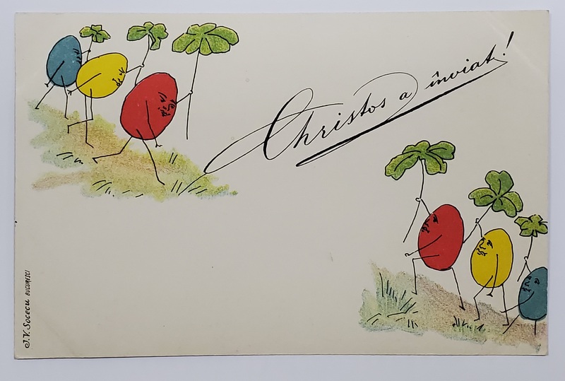 FELICITARE DE PASTE , CU OUA VOPSITE SI TRIFOI , CROMOLITOGRAFIE , TIP CARTE POSTALA , CLASICA