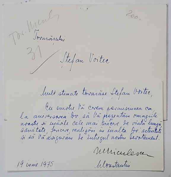 FELICITARE DESTINATA LUI STEFAN VOITEC , VICEPRESEDINTE AL CONSILIULUI DE STAT AL R.S.R. , 19  IUNIE , 1975