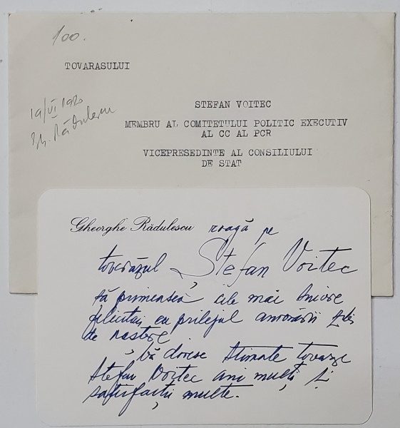 FELICITARE SEMNATA DE GHEORGHE RADULESCU , MEMBRU AL C.C. AL P.C.R. , DESTINATA LUI STEFAN VOITEC , VICEPRESEDINTE AL CONSILIULUI DE STAT AL R.S.R. , 19  IUNIE , 1980