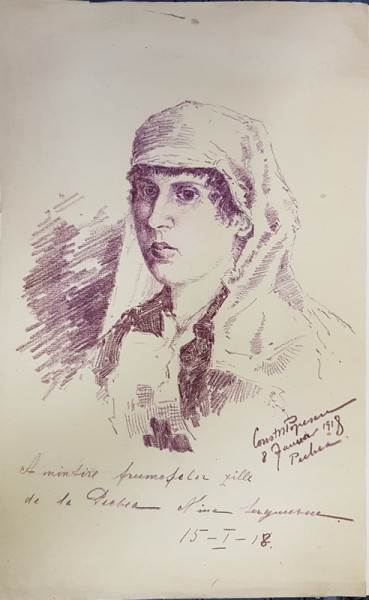 FEMEIE CU NAFRAMA , DESEN  de C. POPESCU  , SEMNAT DREAPTA JOS , DATAT 1918