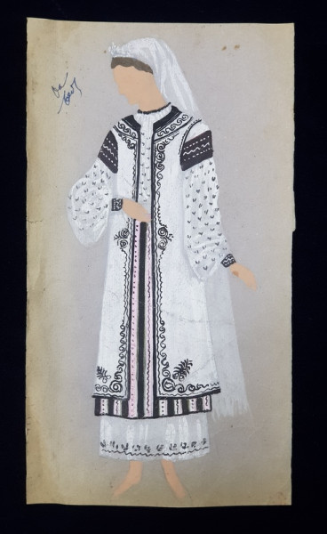 FEMEIE IN COSTUM POPULAR , CU BASMA DE BORANGIC ALBA , PICTURA , ANII '50