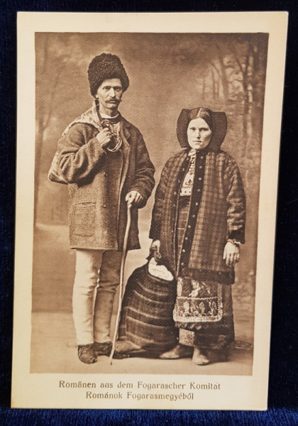 FEMEIE SI BARBAT IN COSTUME POPULARE DIN ZONA FAGARASULUI , CARTE POSTALA ILUSTRATA , MONOCROMA , NECIRCULATA , PERIOADA INTERBELICA  , DATATA 1917