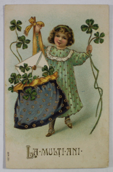 FETITA CU TRIFOI CU PATRU FOI , FELICITARE , CROMOLITOGRAFIE EMBOSATA , CARTE POSTALA , 1907