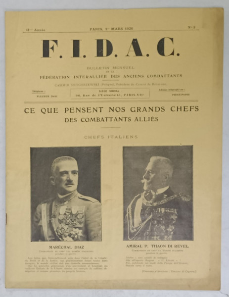 FIDAC , BULLETIN  MENSUEL DE FEDERATION INTERALIEE DES ANCIENS COMBATTANTS ,  NO. 3 , 1926