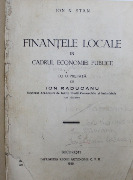FINANTELE LOCALE IN CADRUL ECONOMIEI PUBLICE de ION N . STAN , 1933