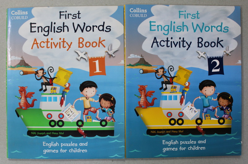 FIRST ENGLISH WORDS ACTIVITY BOOK by NIKI JOSEPH and HANS MOL , ENGLISH PUZZLES AND GAMES FOR CHILDREN , VOLUMELE I - II , 2014