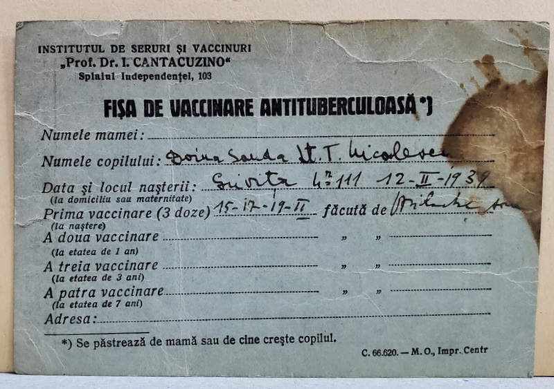 FISA DE VACCINARE ANTITUBERCULOASA  PENTRU UN NOU NASCUT , 1939