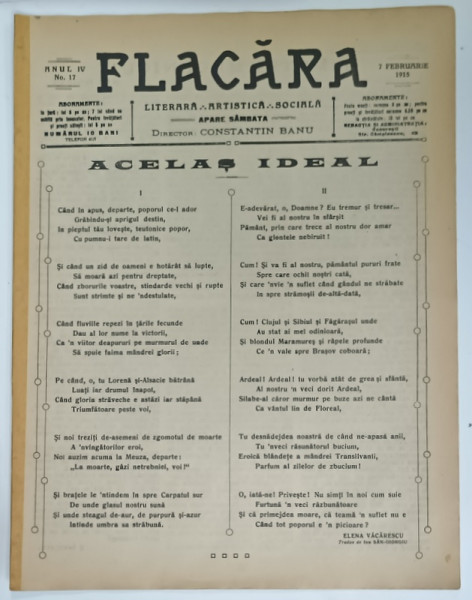 FLACARA LITERARA , ARTISTICA , SOCIALA , ACELAS IDEAL , ANUL IV , NO. 17 , 1915