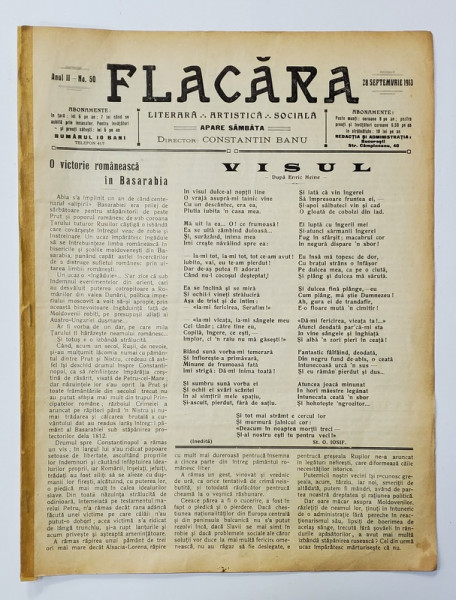 FLACARA , LITERARA , ARTISTICA , SOCIALA , ANUL II , NR. 50 , 28 septembrie , 1913
