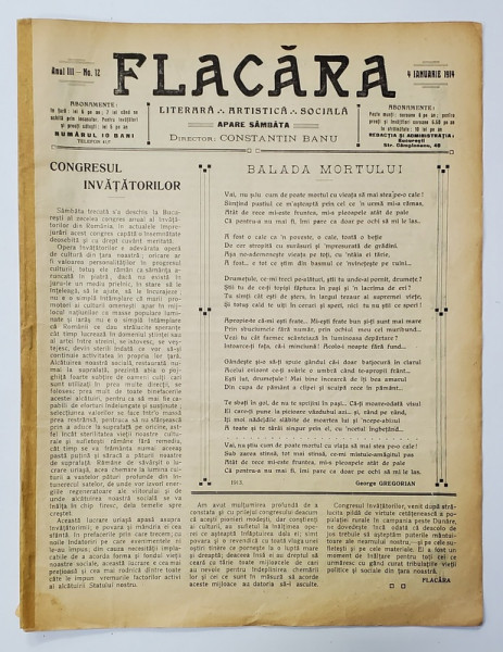 FLACARA , LITERARA , ARTISTICA , SOCIALA , ANUL III , NR. 12 , 4 IANUARIE , 1914