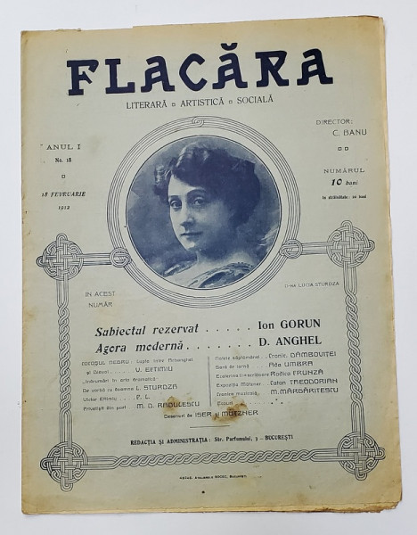 FLACARA  LITERARA , ARTISTICA , SOCIALA , REVISTA , ANUL I , NR. 18  ,  18 FEBRUARIE  , 1912
