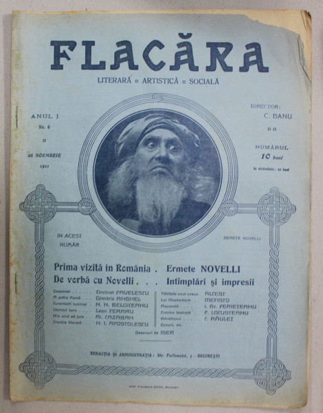 FLACARA , REVISTA LITERARA , ARTISTICA , SOCIALA , ANUL I , NR. 6 , 26  NOIEMBRIE , 1911