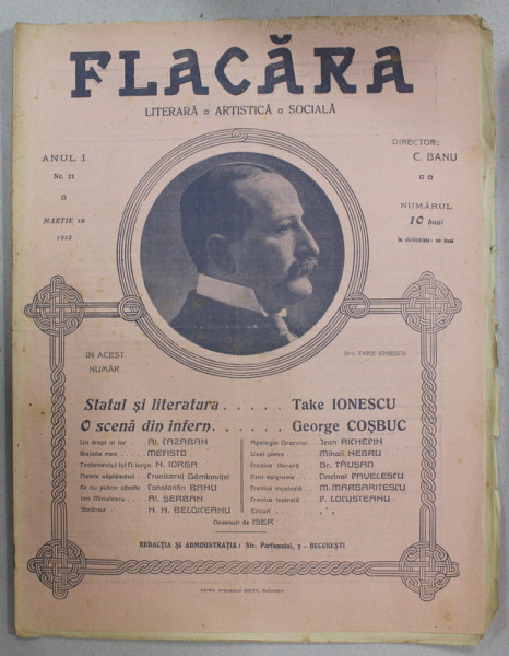 FLACARA , REVISTA LITERARA , ARTISTICA , SOCIALA , ANUL I  , NR.21, 10 MARTIE ,1912
