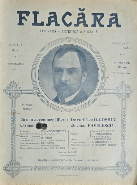 FLACARA , REVISTA LITERARA , ARTISTICA , SOCIALA , ANUL I , NR.8 , 10 DECEMBRIE  , 1911