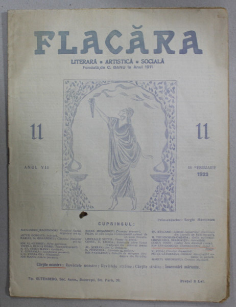 FLACARA , REVISTA LITERARA , ARTISTICA , SOCIALA , ANUL VII , NR. 11 , 18 FEBRUARIE , 1922