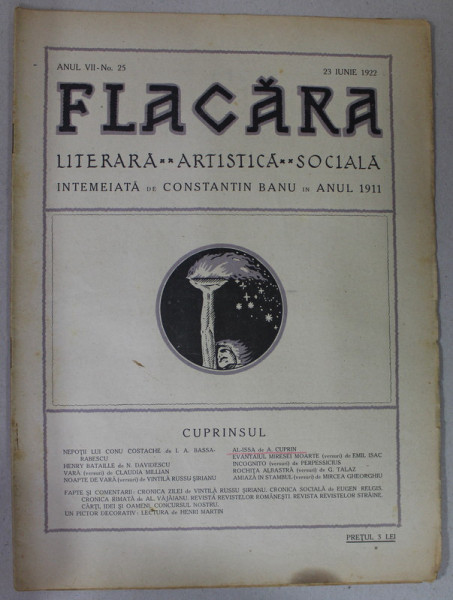 FLACARA , REVISTA LITERARA , ARTISTICA , SOCIALA , ANUL VII , NR. 25  , 23 IUNIE  , 1922