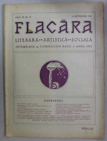 FLACARA , REVISTA LITERARA , ARTISTICA , SOCIALA , ANUL VII    , NR. 36  , 8 SEPTEMBRIE , 1922