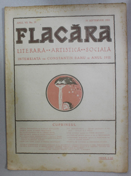 FLACARA , REVISTA LITERARA , ARTISTICA , SOCIALA , ANUL VII    , NR. 39  , 29 SEPTEMBRIE , 1922