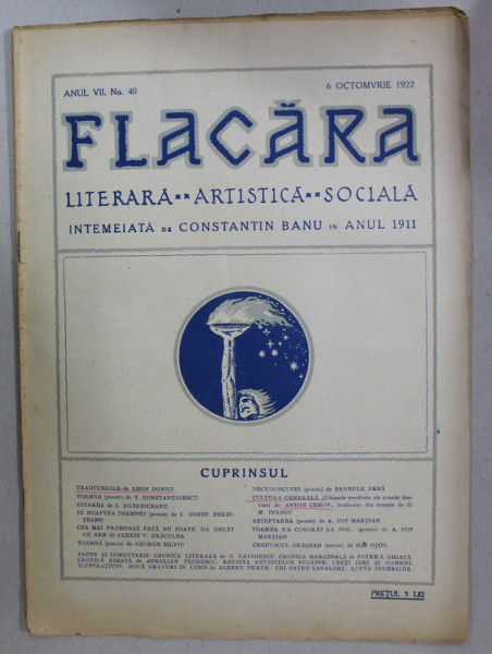 FLACARA , REVISTA LITERARA , ARTISTICA , SOCIALA , ANUL VII    , NR. 40  , 6 OCTOMBRIE   , 1922