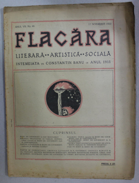 FLACARA , REVISTA LITERARA , ARTISTICA , SOCIALA , ANUL VII    , NR. 46  , 17 NOIEMBRIE  , 1922
