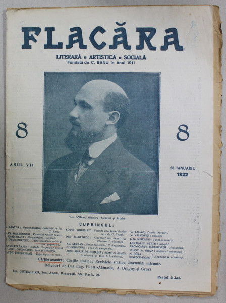 FLACARA , REVISTA LITERARA , ARTISTICA , SOCIALA , ANUL VII  , NR.8 , 28 IANUARIE , 1922