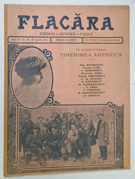 FLACARA , REVISTA LITERARA , ARTISTICA , SOCIALA , SUBIECT : TINERIMEA  ARTISTICA   , NR. 28 , 1915
