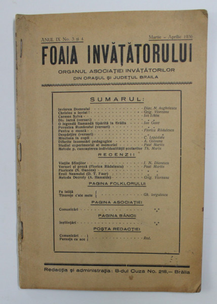 FOAIA INVATATORULUI - ORGANUL ASOCIATIEI INVATATORILOR DIN ORSUL SI JUDETUL BRAILA , ANUL IX , NO. 3 si 4 , MARTIE - APRILIE 1936