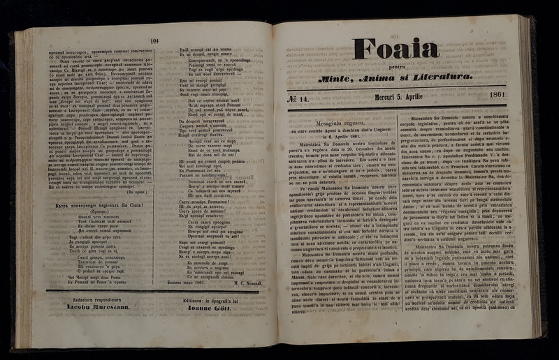 FOAIA PENTRU MINTE, INIMA SI LITERATURA , 1861