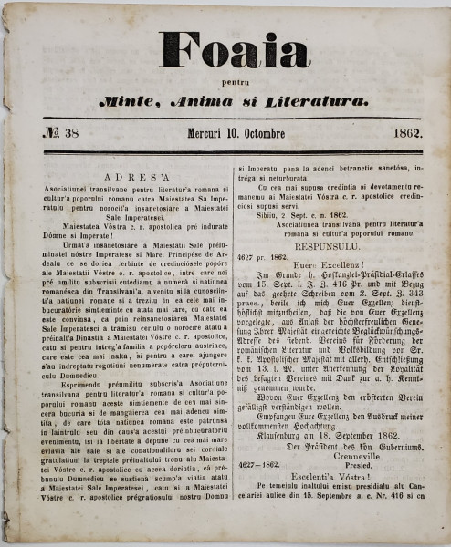 FOAIA PENTRU MINTE , INIMA SI LITERATURA , No. 38 , MIERCURI 10 OCTOMBRIE , 1862