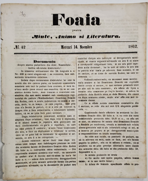 FOAIA PENTRU MINTE , INIMA SI LITERATURA , No. 42  , MIERCURI 14 NOIEMBRIE , 1862