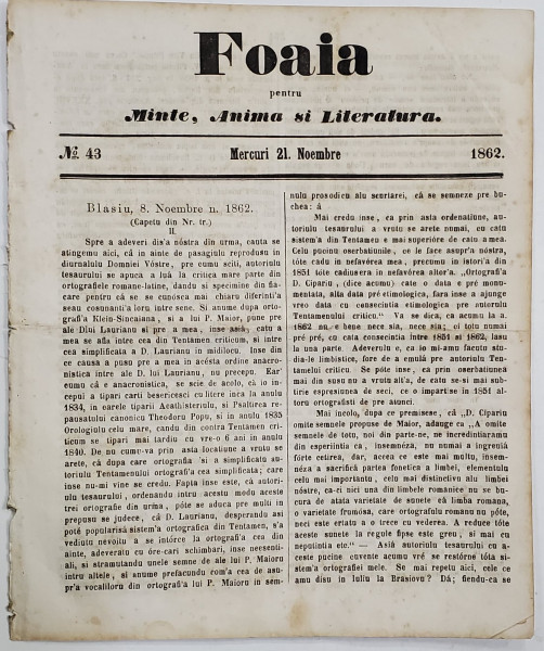 FOAIA PENTRU MINTE , INIMA SI LITERATURA , No. 43  , MIERCURI 21 NOIEMBRIE , 1862