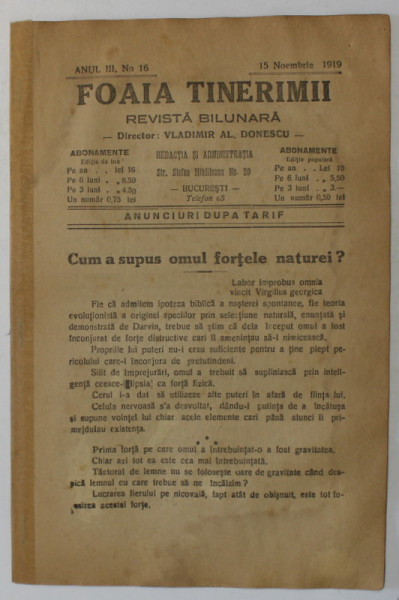 FOAIA TINERIMII , REVISTA BILUNARA , NR. 16 , APARUTA LA BUCURESTI , 1919