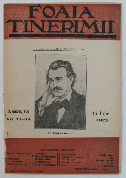 FOAIA TINERIMII , REVISTA ILUSTRATA DE CULTURA GENERALA , ANUL IX , NO. 13 - 14 , 15 IULIE , 1925