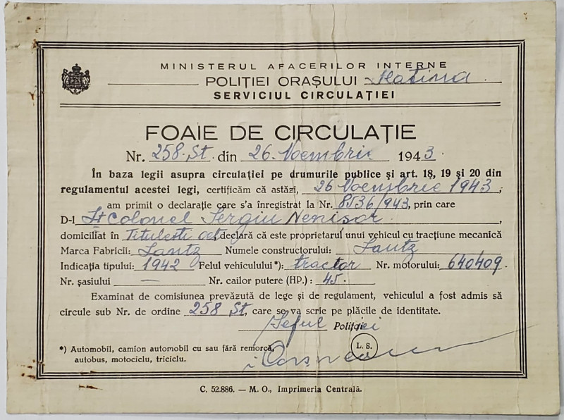 FOAIE DE CIRCULATIE EMISA DE POLITIA ORASULUI SLATINA , 1943