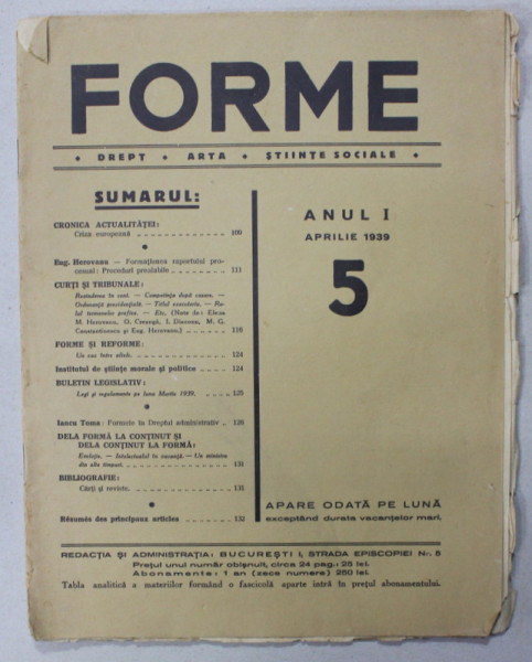 FORME , REVISTA DE DREPT , ARTA , STIINTE SOCIALE , ANUL I , NR. 5 , APRILIE , 1939