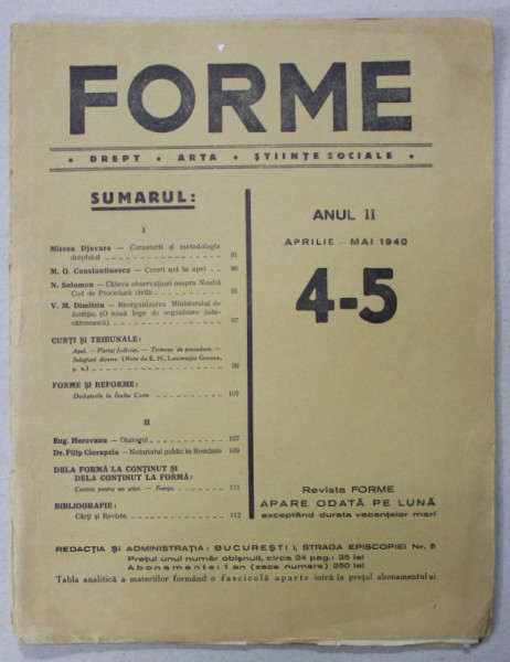 FORME , REVISTA DE DREPT , ARTA , STIINTE SOCIALE , ANUL II , NR. 4-5 , APRILIE - MAI , 1940
