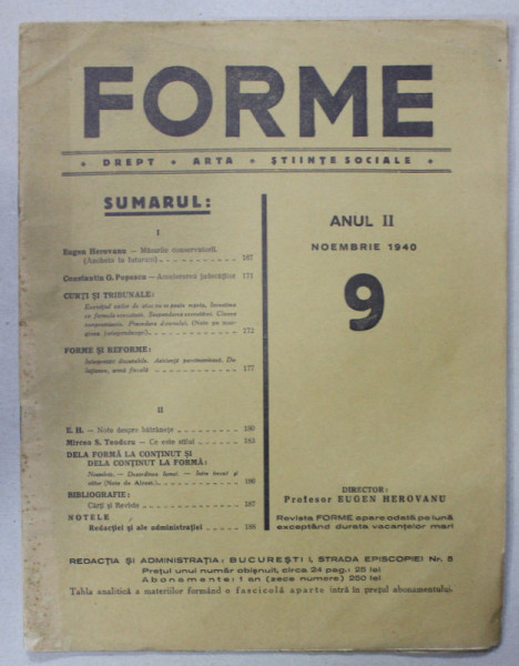 FORME , REVISTA DE DREPT , ARTA , STIINTE SOCIALE , ANUL II , NR. 9 , NOIEMBRIE  , 1940